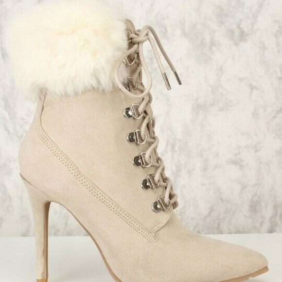 Qupid Suede Faux Fur Collar Stiletto Ankle Boots - Picture 2 of 5